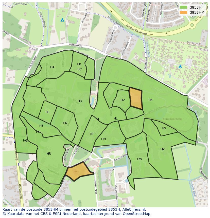 Afbeelding van het postcodegebied 3853 HM op de kaart.