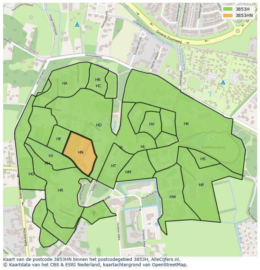 Afbeelding van het postcodegebied 3853 HN op de kaart.