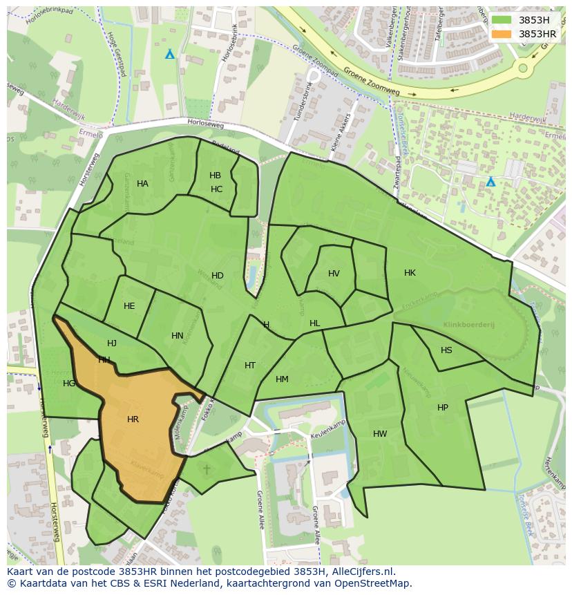 Afbeelding van het postcodegebied 3853 HR op de kaart.