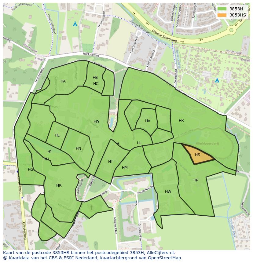 Afbeelding van het postcodegebied 3853 HS op de kaart.