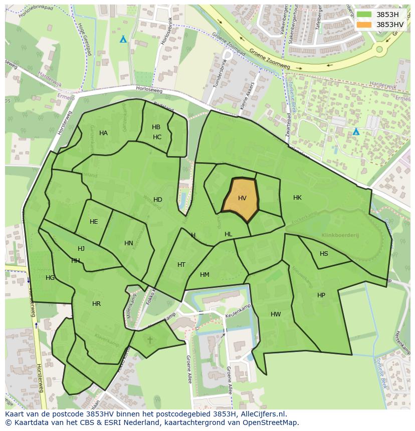 Afbeelding van het postcodegebied 3853 HV op de kaart.