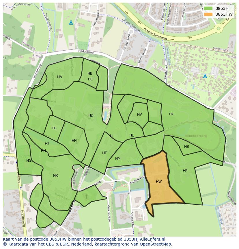 Afbeelding van het postcodegebied 3853 HW op de kaart.