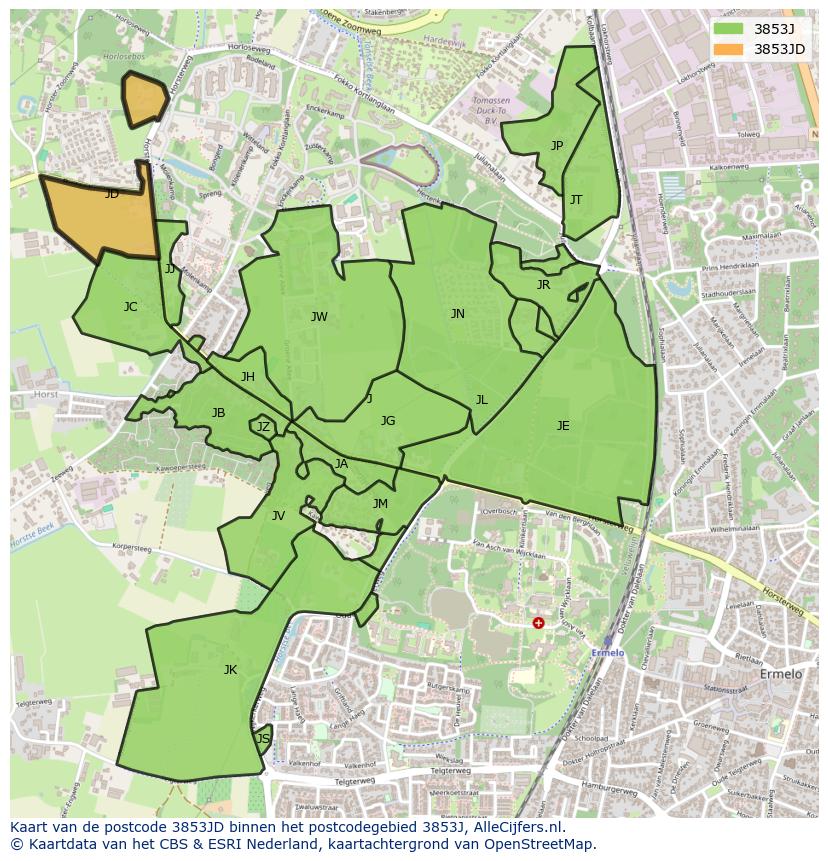 Afbeelding van het postcodegebied 3853 JD op de kaart.