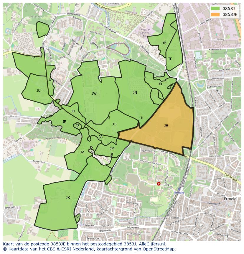Afbeelding van het postcodegebied 3853 JE op de kaart.