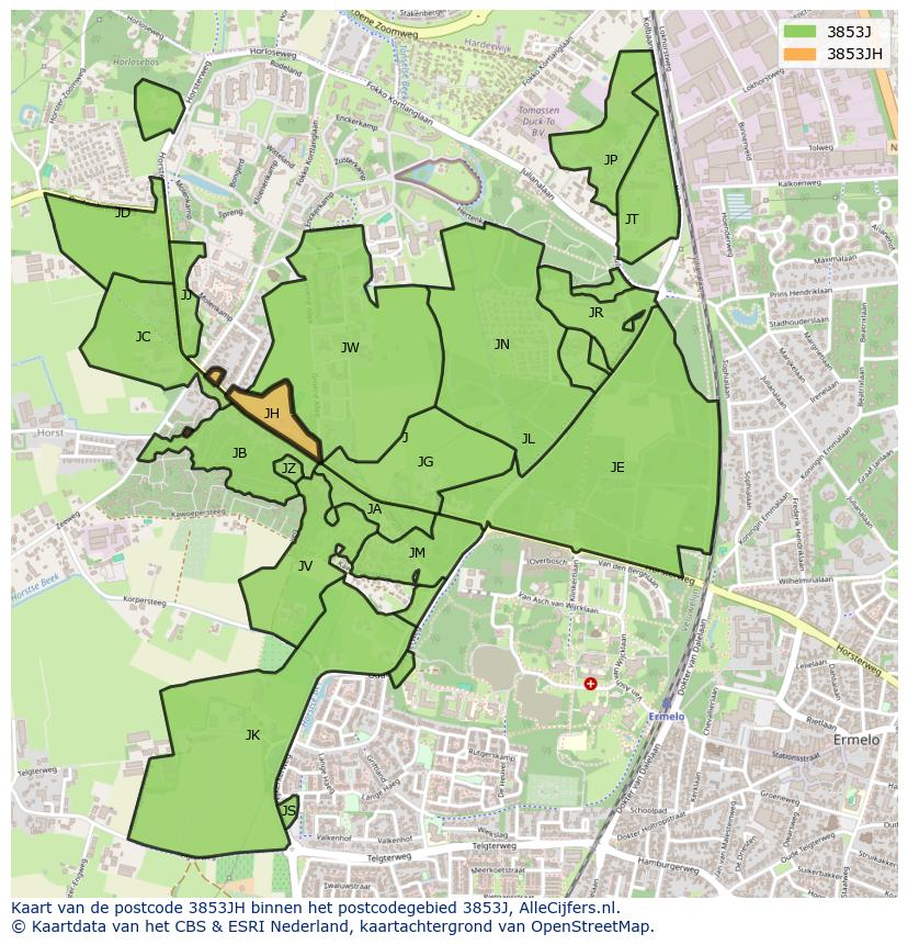 Afbeelding van het postcodegebied 3853 JH op de kaart.