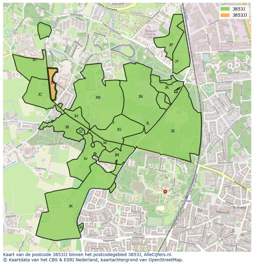 Afbeelding van het postcodegebied 3853 JJ op de kaart.