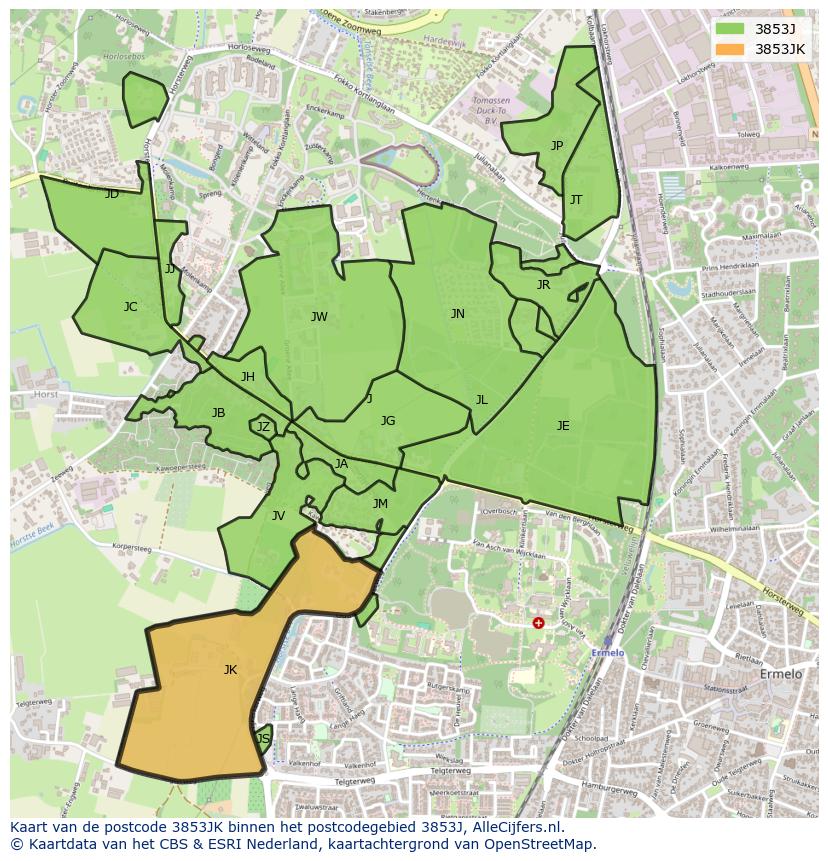Afbeelding van het postcodegebied 3853 JK op de kaart.