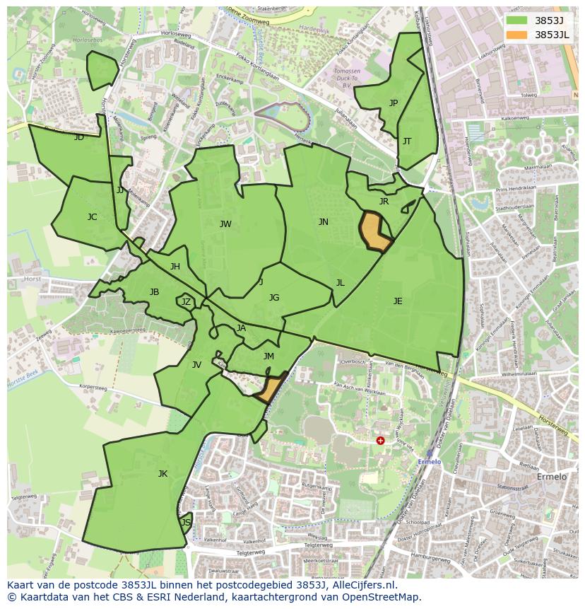 Afbeelding van het postcodegebied 3853 JL op de kaart.
