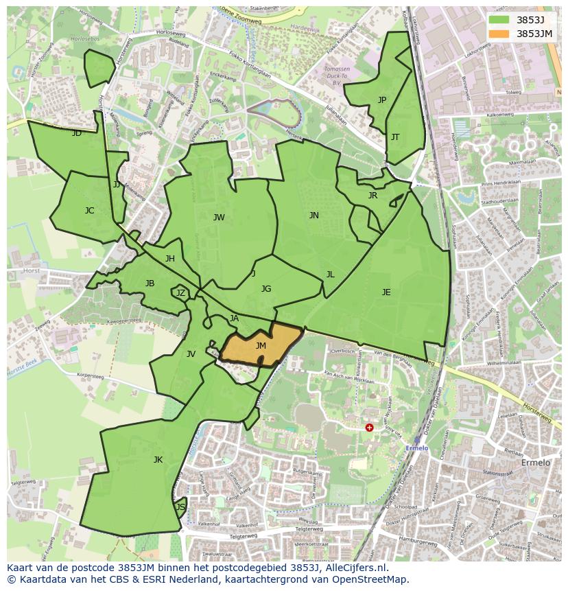 Afbeelding van het postcodegebied 3853 JM op de kaart.