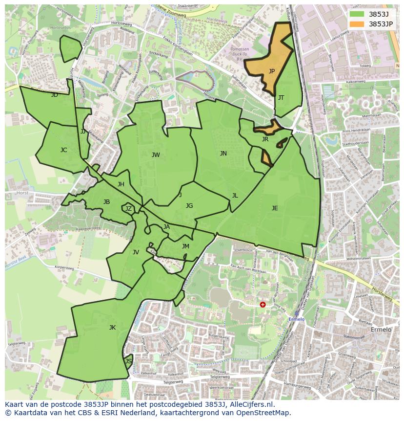 Afbeelding van het postcodegebied 3853 JP op de kaart.