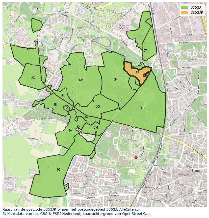 Afbeelding van het postcodegebied 3853 JR op de kaart.