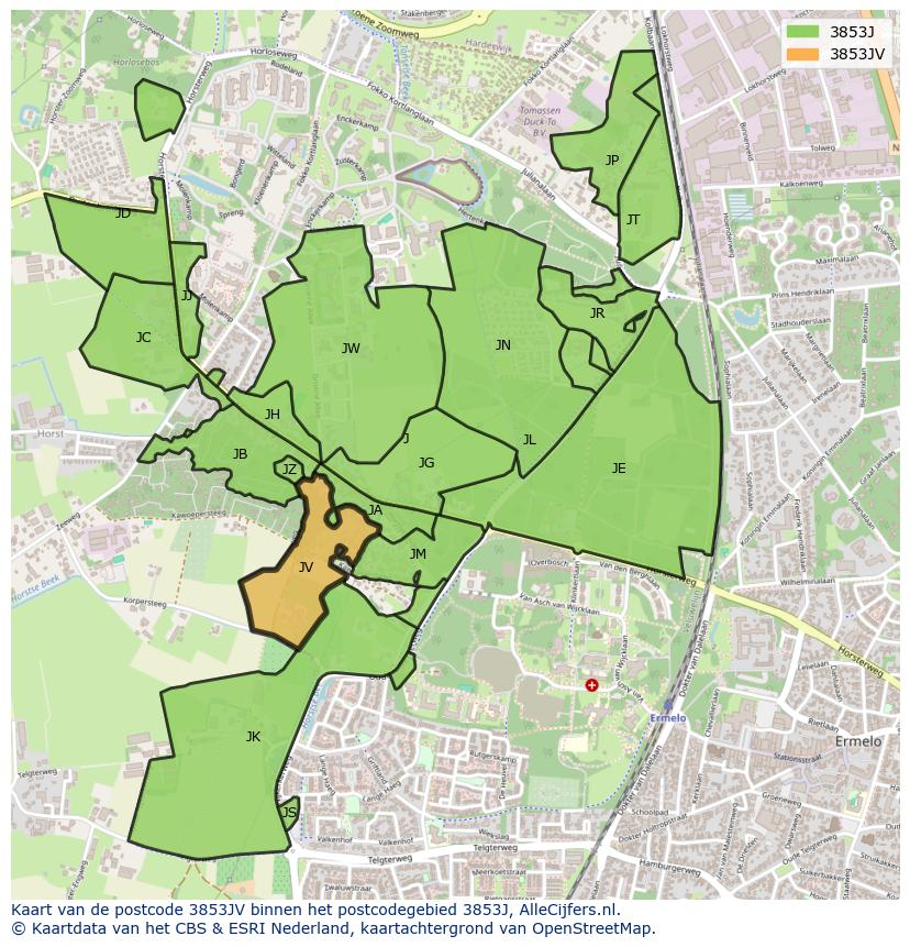Afbeelding van het postcodegebied 3853 JV op de kaart.