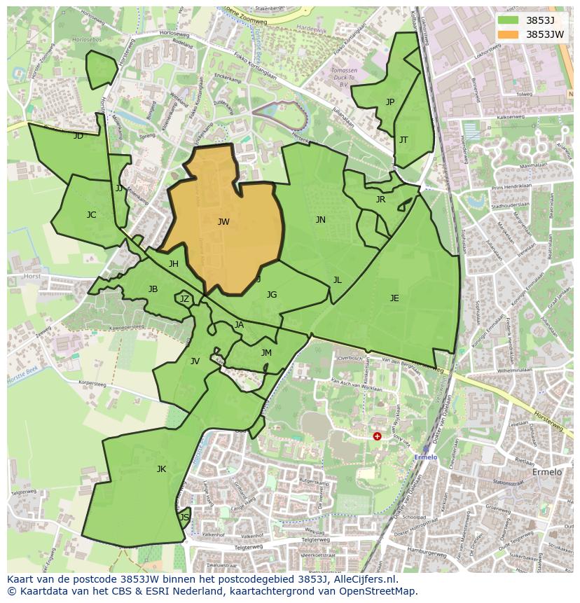 Afbeelding van het postcodegebied 3853 JW op de kaart.