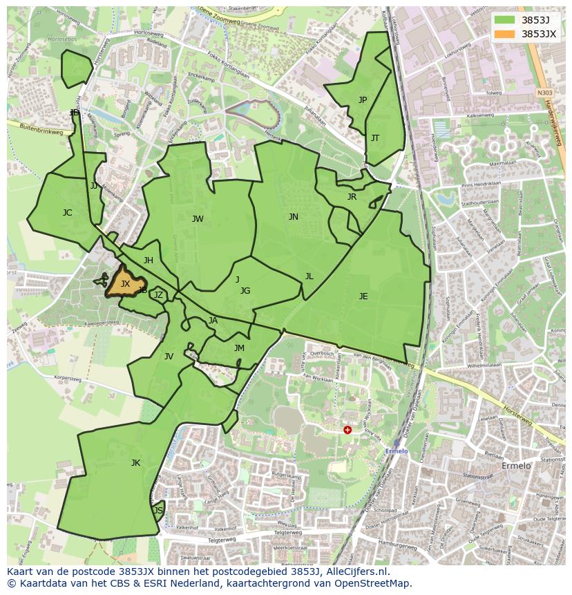 Afbeelding van het postcodegebied 3853 JX op de kaart.