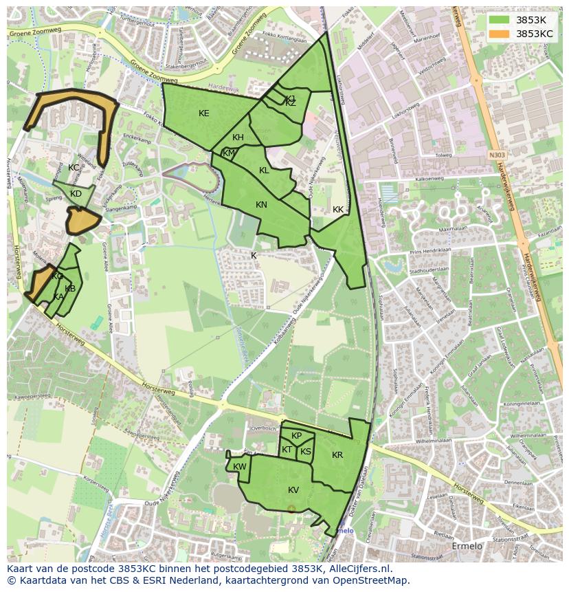 Afbeelding van het postcodegebied 3853 KC op de kaart.