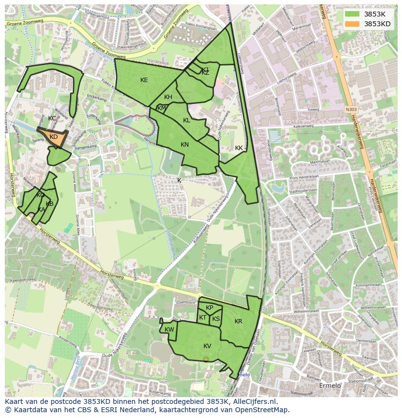 Afbeelding van het postcodegebied 3853 KD op de kaart.