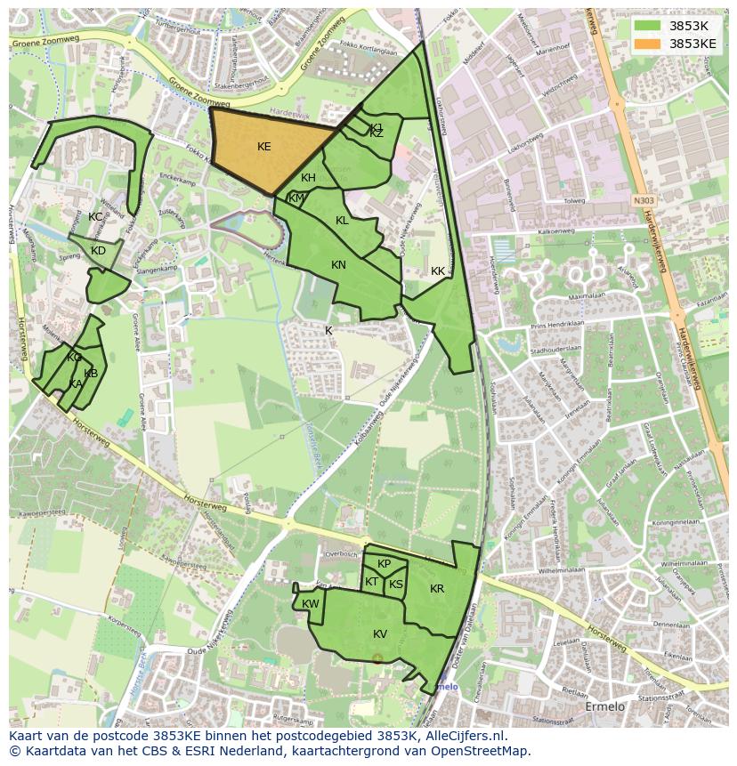 Afbeelding van het postcodegebied 3853 KE op de kaart.