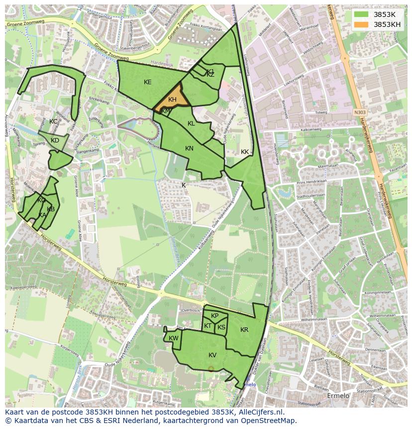 Afbeelding van het postcodegebied 3853 KH op de kaart.