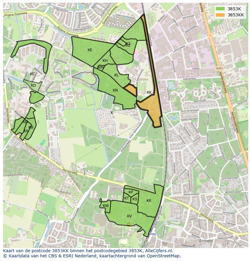 Afbeelding van het postcodegebied 3853 KK op de kaart.