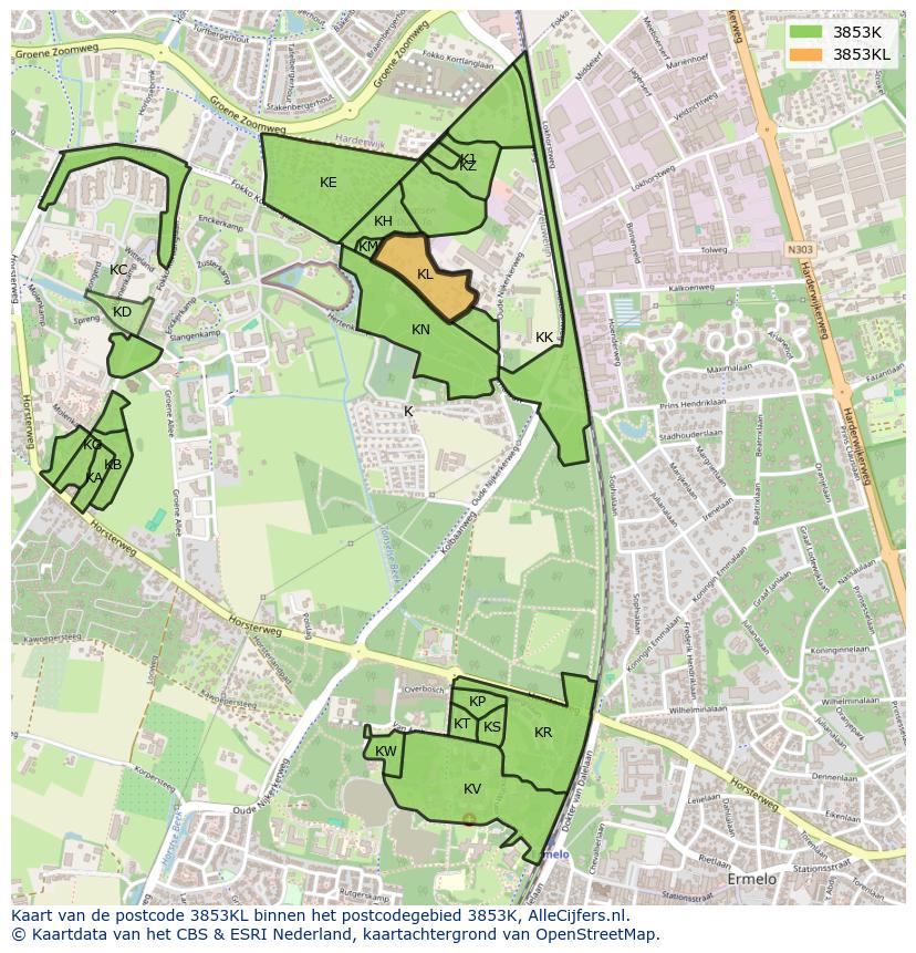 Afbeelding van het postcodegebied 3853 KL op de kaart.