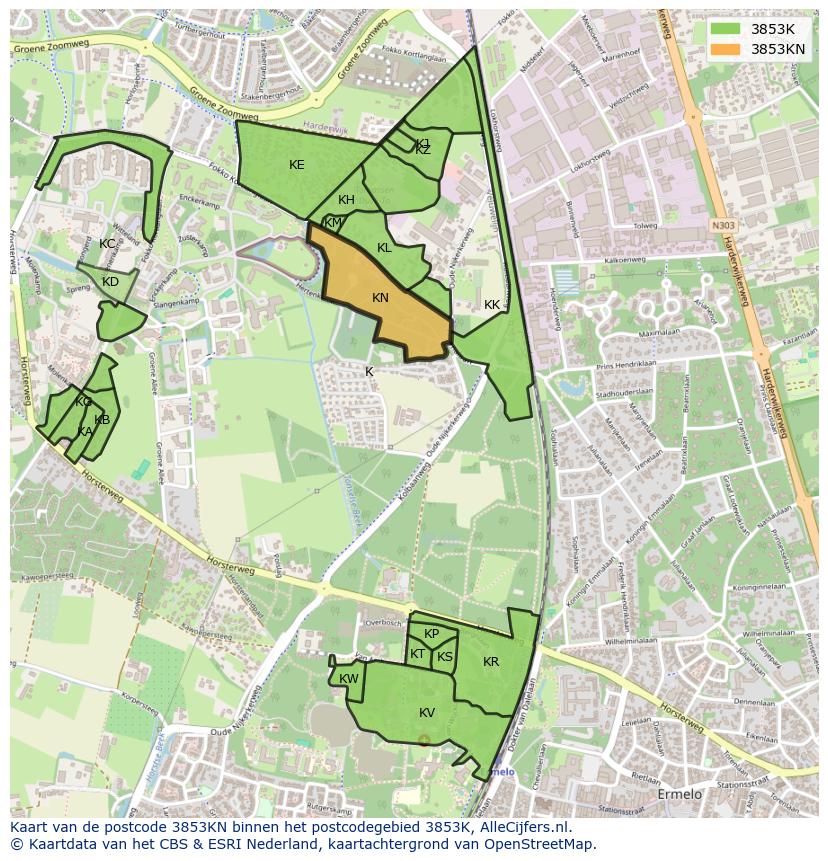 Afbeelding van het postcodegebied 3853 KN op de kaart.