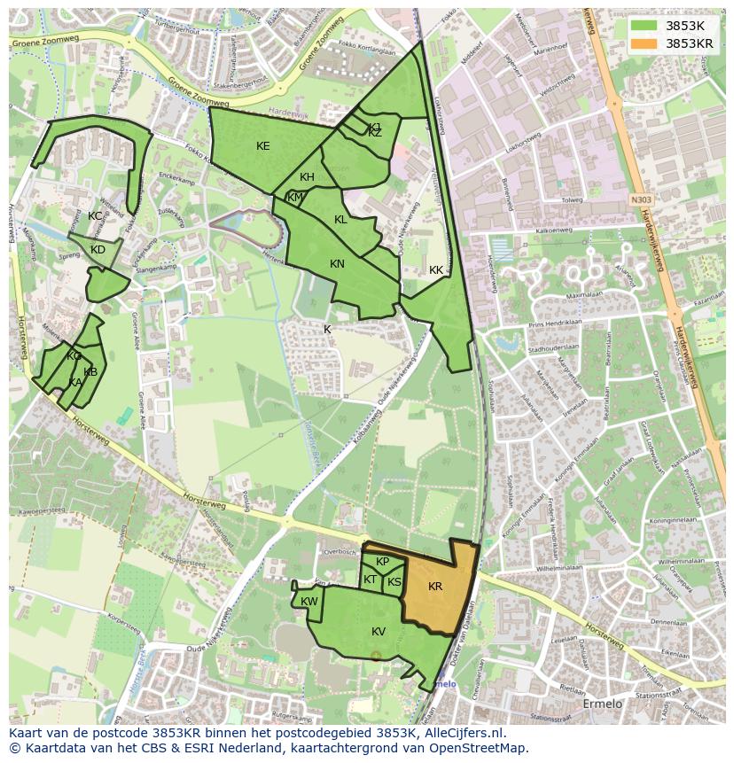 Afbeelding van het postcodegebied 3853 KR op de kaart.