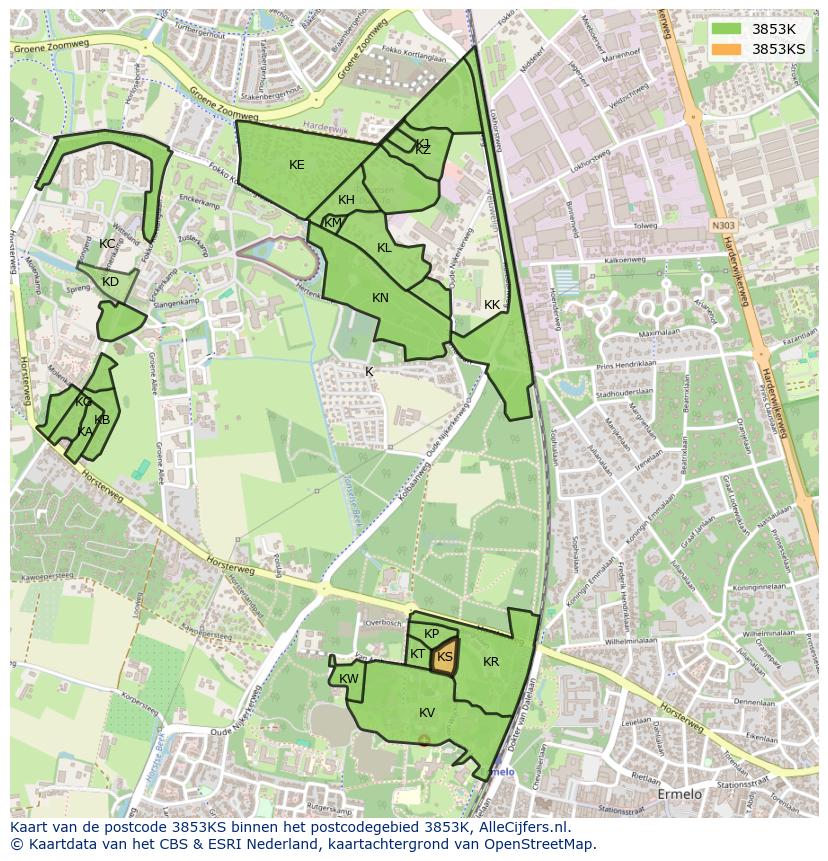 Afbeelding van het postcodegebied 3853 KS op de kaart.