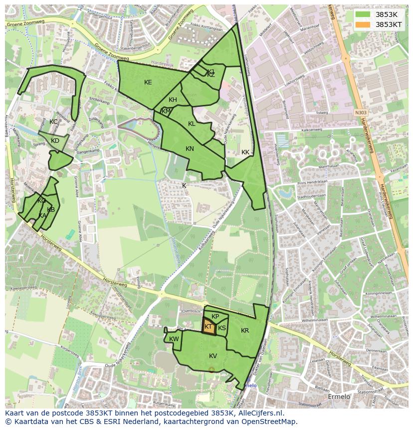 Afbeelding van het postcodegebied 3853 KT op de kaart.