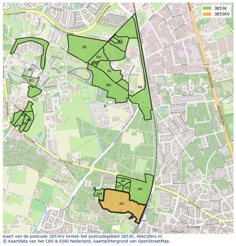 Afbeelding van het postcodegebied 3853 KV op de kaart.