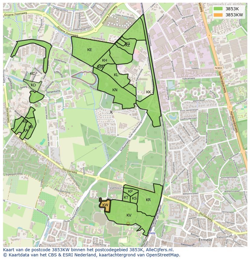 Afbeelding van het postcodegebied 3853 KW op de kaart.