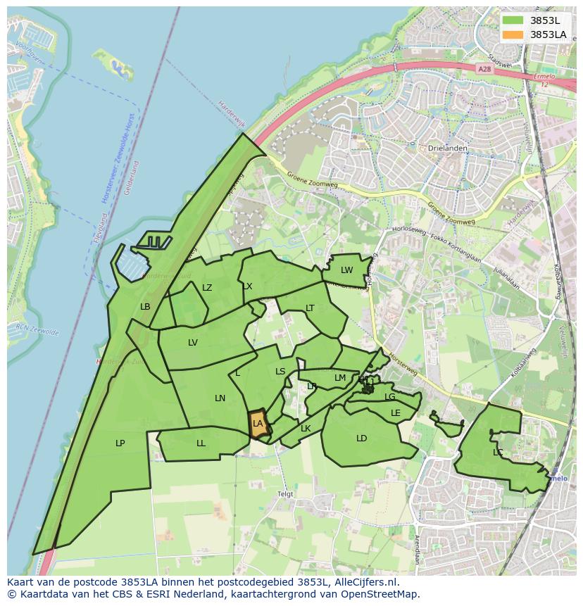 Afbeelding van het postcodegebied 3853 LA op de kaart.