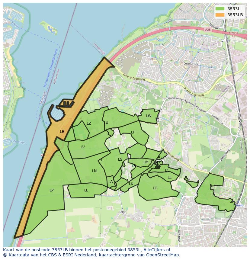 Afbeelding van het postcodegebied 3853 LB op de kaart.