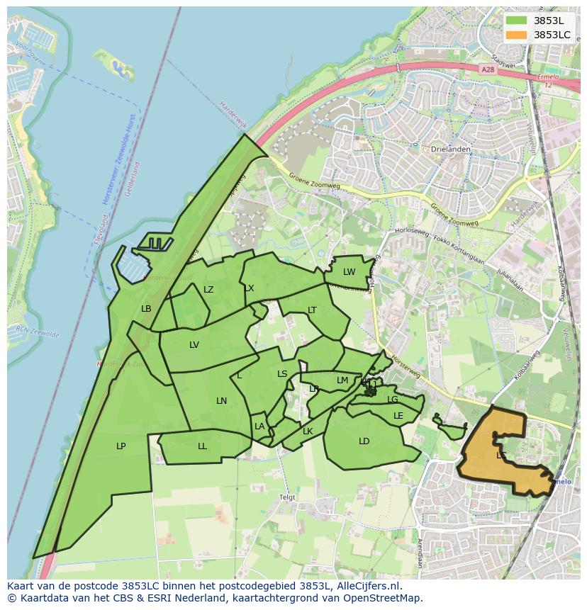 Afbeelding van het postcodegebied 3853 LC op de kaart.