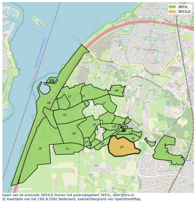 Afbeelding van het postcodegebied 3853 LD op de kaart.