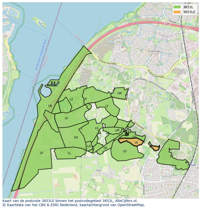Afbeelding van het postcodegebied 3853 LE op de kaart.