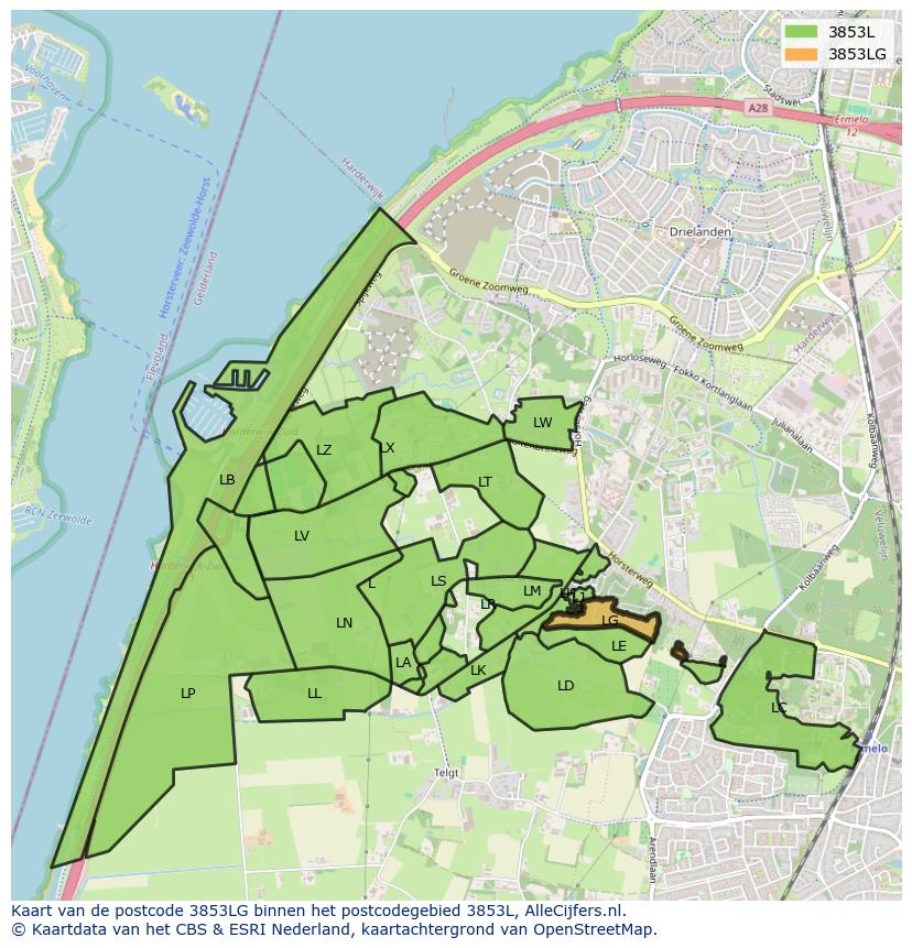 Afbeelding van het postcodegebied 3853 LG op de kaart.