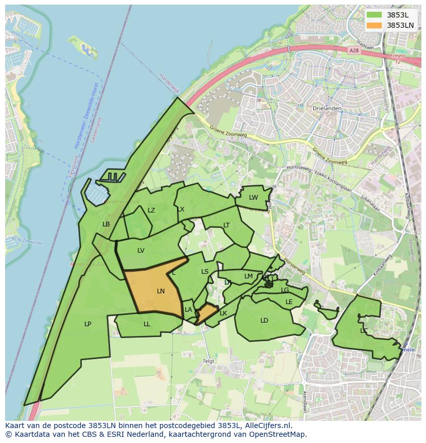 Afbeelding van het postcodegebied 3853 LN op de kaart.