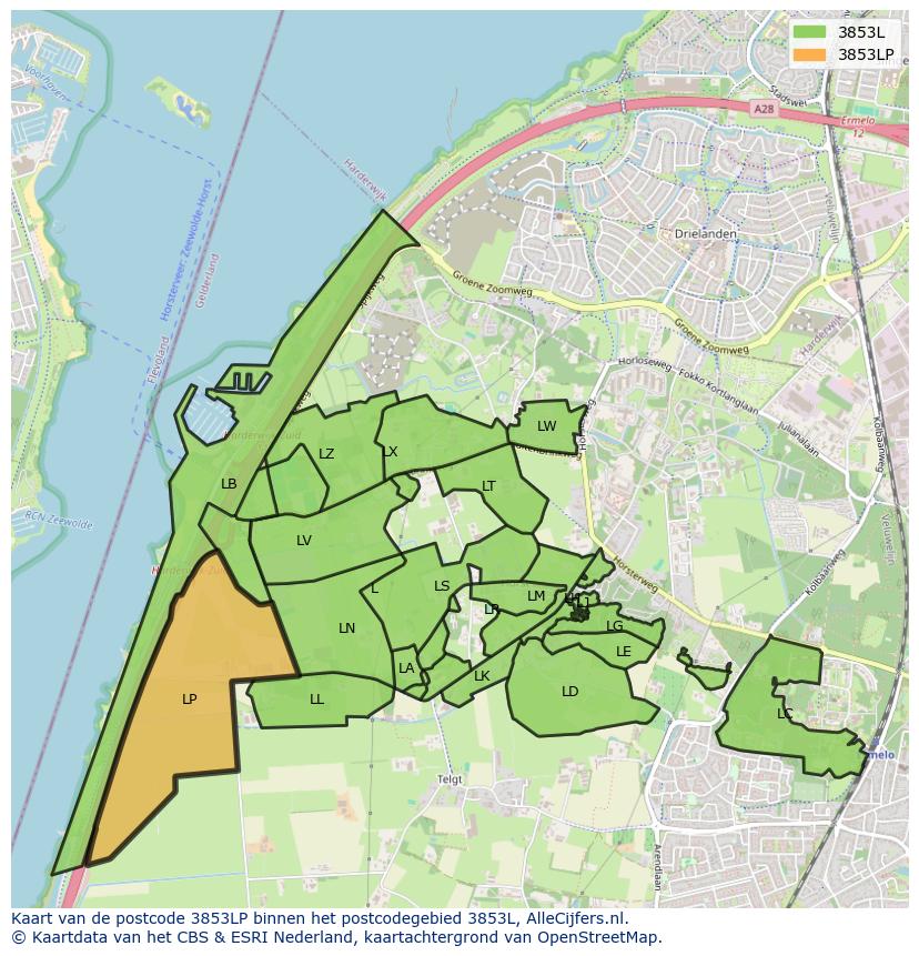 Afbeelding van het postcodegebied 3853 LP op de kaart.