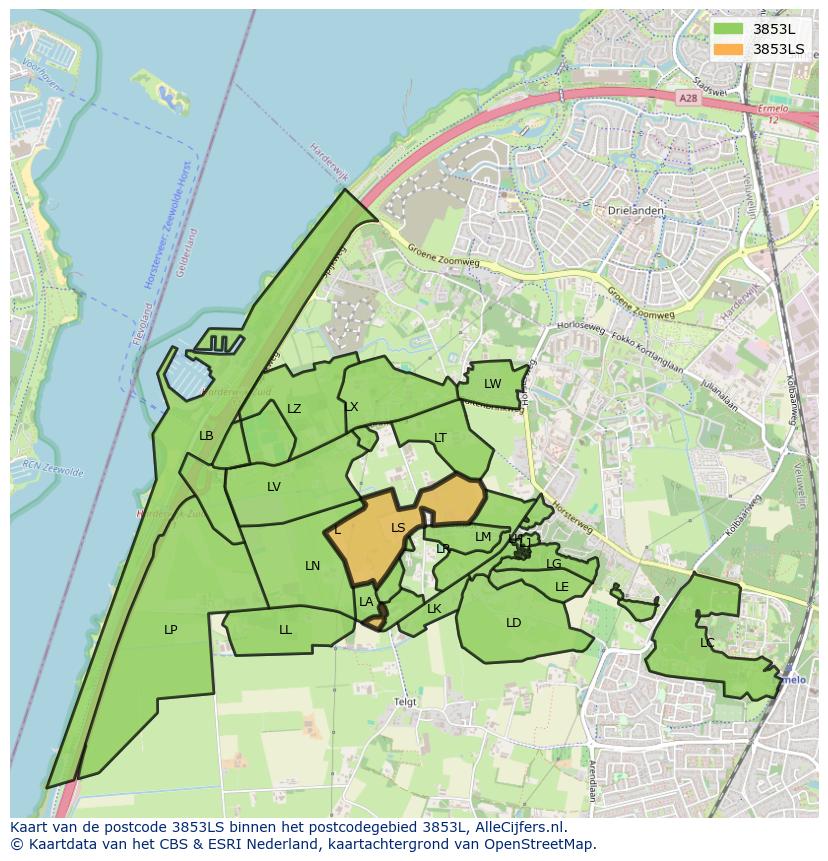 Afbeelding van het postcodegebied 3853 LS op de kaart.