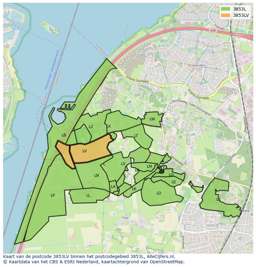 Afbeelding van het postcodegebied 3853 LV op de kaart.