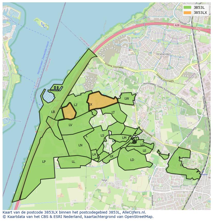 Afbeelding van het postcodegebied 3853 LX op de kaart.