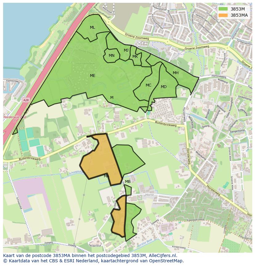 Afbeelding van het postcodegebied 3853 MA op de kaart.