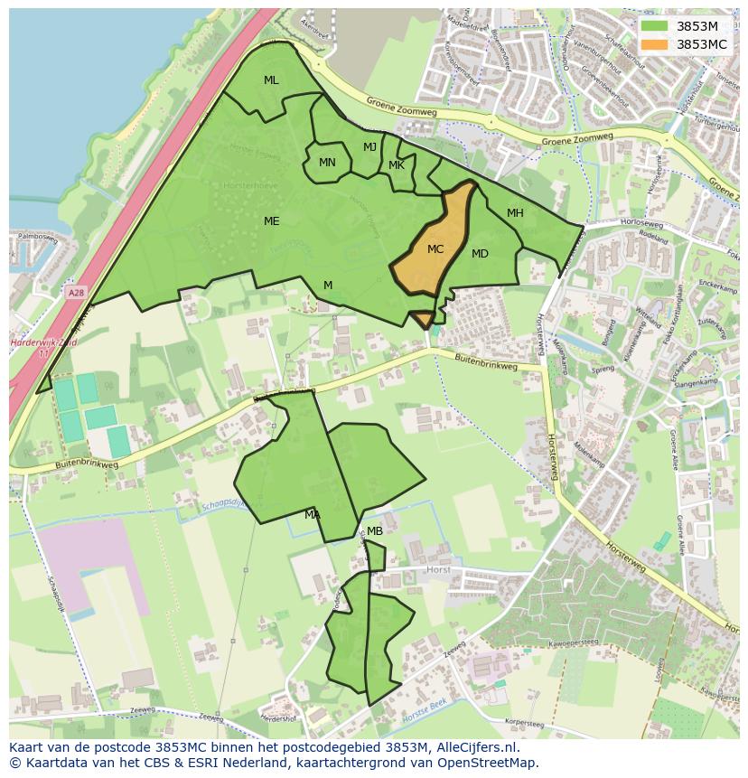 Afbeelding van het postcodegebied 3853 MC op de kaart.