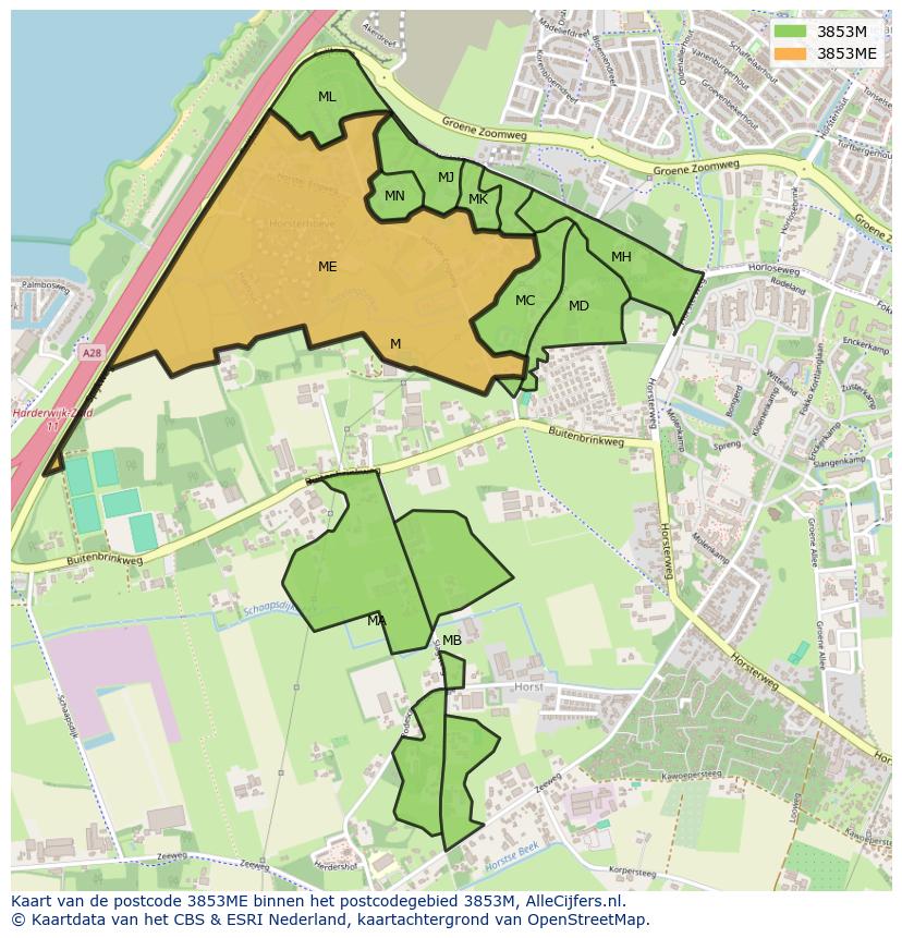 Afbeelding van het postcodegebied 3853 ME op de kaart.