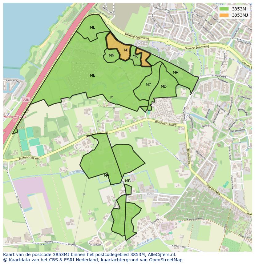 Afbeelding van het postcodegebied 3853 MJ op de kaart.