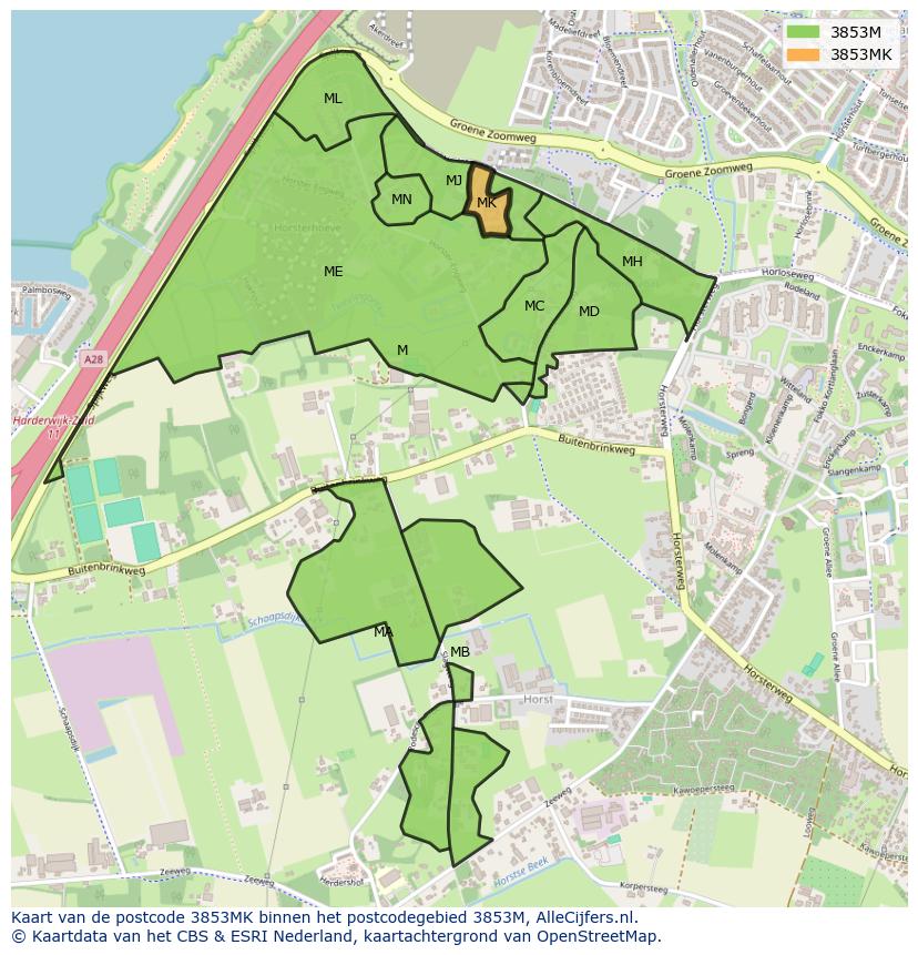 Afbeelding van het postcodegebied 3853 MK op de kaart.