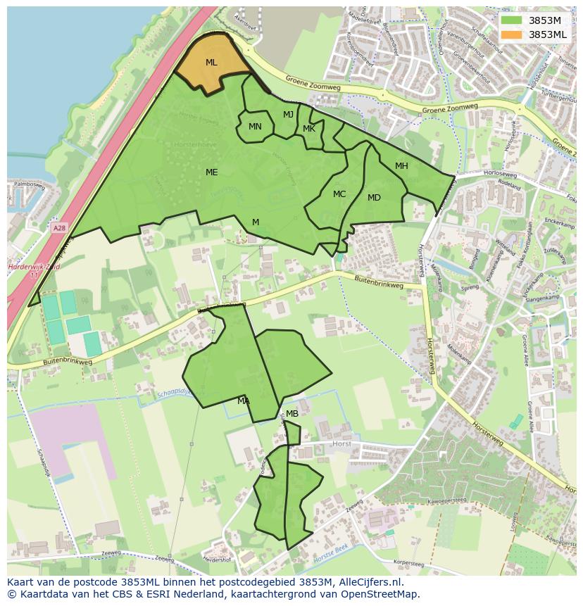 Afbeelding van het postcodegebied 3853 ML op de kaart.