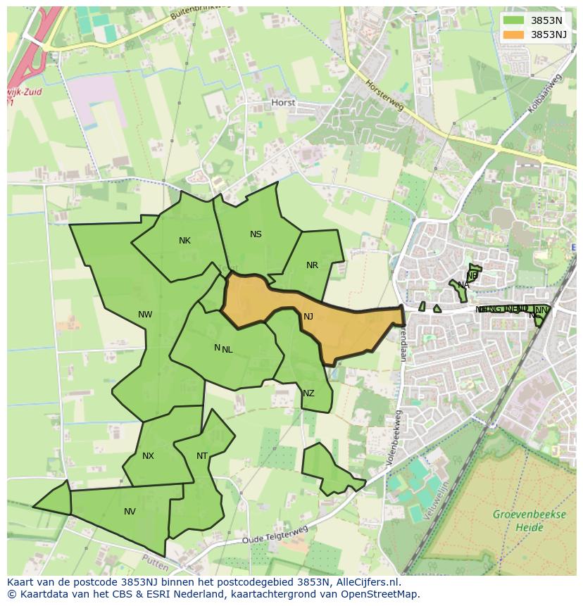 Afbeelding van het postcodegebied 3853 NJ op de kaart.