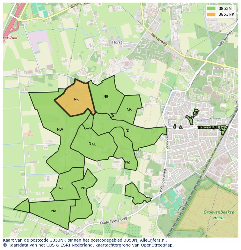 Afbeelding van het postcodegebied 3853 NK op de kaart.