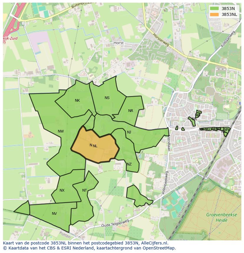 Afbeelding van het postcodegebied 3853 NL op de kaart.